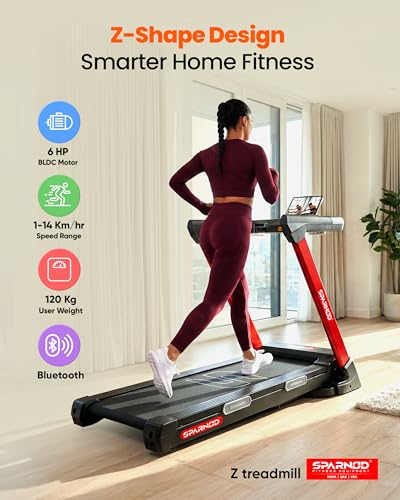 Image of Sparnod Fitness Z Auto Incline Treadmill for Home Use, 6HP BLDC Motor, 20% Auto Incline, 1-14 km /h Speed, Shock Absorbing Surface, Bluetooth Speaker, LED Display, Hydraulic Foldable, 120kg Capacity