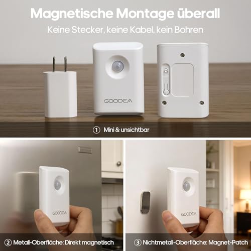 GOODEA Nachtlicht mit Bewegungsmelder 2 Stück, USB C Aufladbar Dimmbar Bewegungslicht bis zu 90 Tage - Auto-EIN/AUS Akku LED Lampe Beleuchtung Ohne Strom für Flur Treppe Schlafzimmer Bad - Warmweiß