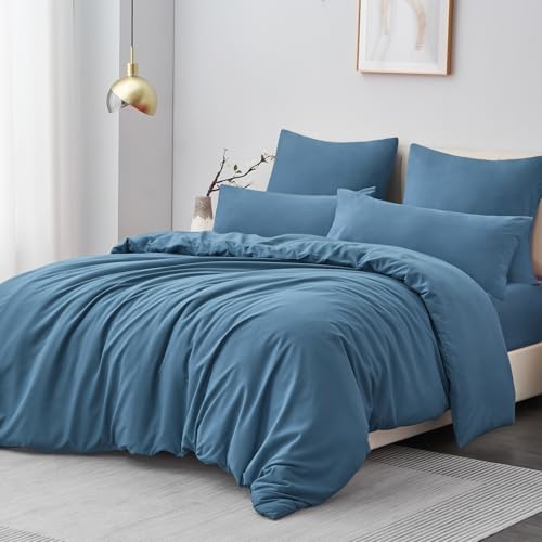 Aisbo Bettwäsche 200x220 Baumwolle Denim Blau - Bettwäsche-Sets Bettbezug 200x220 3teilig mit 2 Kissenbezüge 80x80 cm, Baumwollbettwäsche Set, Oeko-TEX Bettwäsche mit Reißverschluss