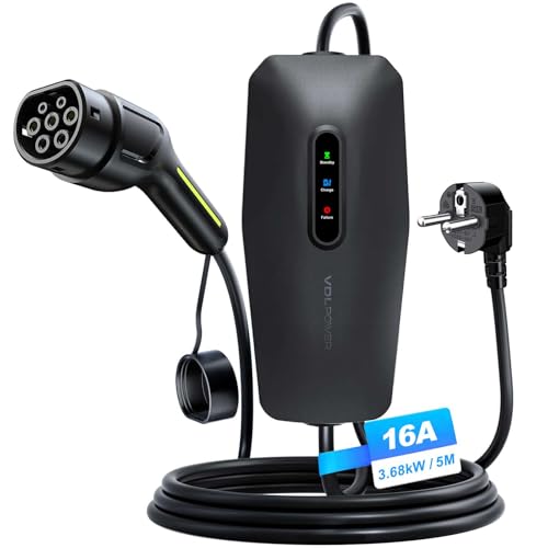 Cargador Coche Electrico, 3.68KW 16A Cargador Vehiculo Electrico, 5m Cargador EV Tipo 2 Portátil con Enfuse Schuko, IP65, Compatible con los Model y/3, xc60
