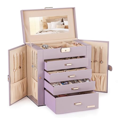 Homde Synthetic Leather Huge Jewelry Box Mirrored Watch Organizer Necklace Ri…