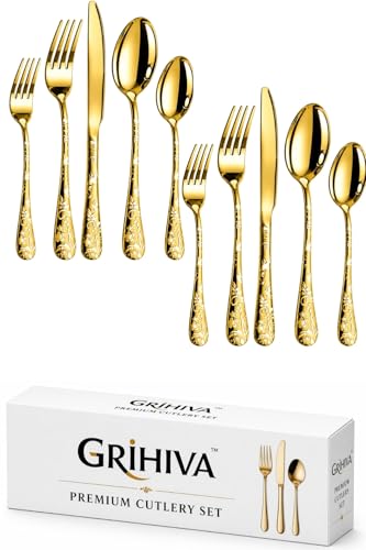 Image of 10 Pcs Gold Floaral Stainless Steel Cutlery Set for Dining Table with Spoons and Forks Set + Butterknives - The Perfect Tableware /Flatware
