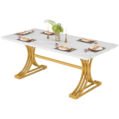 Tribesigns Moderner Esstisch 160 x 80 cm für 4–6 Personen, Küchentisch mit Kunstmarmor Tischplatte, Stabiler Metallrahmen, Weiß und Gold