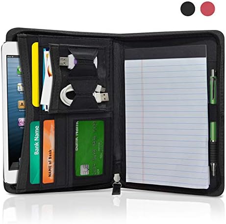 VNOM Small Zipper Portfolio Padfolio File Folder Professional PU Leather Folio Binder Notepad Interview Resume Legal Document Business Card Organizer for iPad Tablet Mini 5x8 Writing Pad(Black)