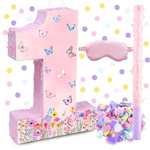 Butterfly 1st Birthday Pinata, Butterfly Number 1 Pinata Set with Blindfold, Stick and Confetti for Butterfly 1st Birthday Anniversary Party Decorations Supplies (Butterfly 1)