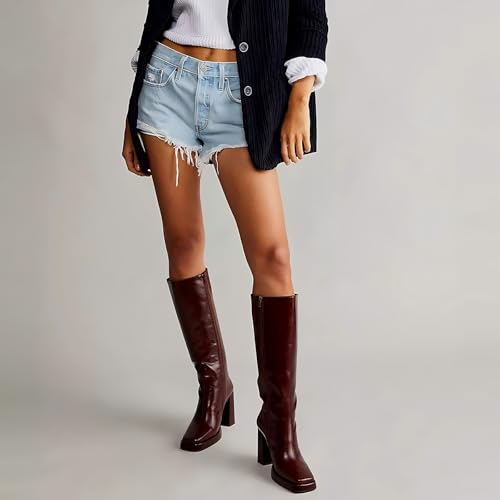 Dsevht Black Leather Knee High Boots for Women Platform Chunky Block Heeled Tall Long Boots Square Toe and Side Zipper Design Fashion Dress 70s Gogo Boot3