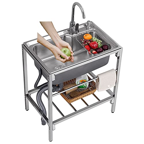 Commercial Kitchen Sink with Faucet and Adjustable Shelves and Pegboard for Hanging Tools, 304 Stainless Steel Laundry Tub Freestanding Utility Sink for Restaurant, Garage