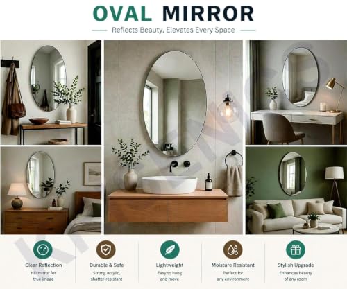 Image of Pack of 2 Oval Shape Heavy Quality Adhesive Mirror Sticker for Wall on Tiles Bedroom Living Room Basin Mirror Bathroom Wall Mirror Both Side Sticker Acrylic Mirror for Wall Full Length 30 * 20
