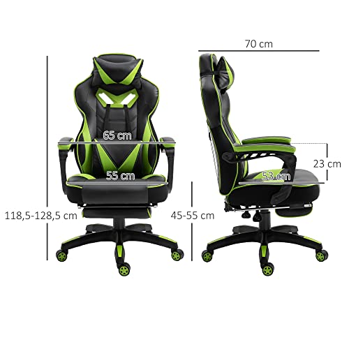 Vinsetto Silla Gaming Ergonómica Silla de Escritorio de Oficina Regulable en Altura Reclinable Respaldo con Reposapiés Reposacabezas Cojín Lumbar Ruedas 65x70x118,5-128,5 cm Verde - imagen 3