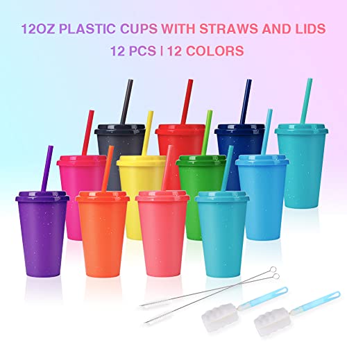 Tumblers Kids Cups With Straws & Lids: 12 Pack 12 Oz Colored Reusable Plastic Drinking Cups - Cute Toddlers Cups For Cold Iced Drink - Bulk Children Travel Tumblers #TOP1