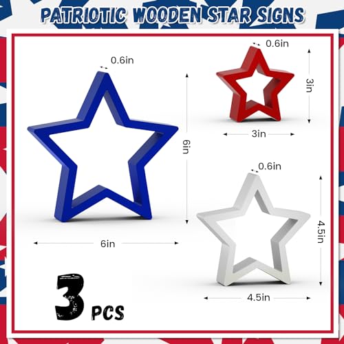 Image of 3 PCS Patriotic Wooden Star Sign Table Decor 4th of July Centerpiece Star Tiered Tray Decoration for Independence Day Memorial Day (Red,Blue and White)