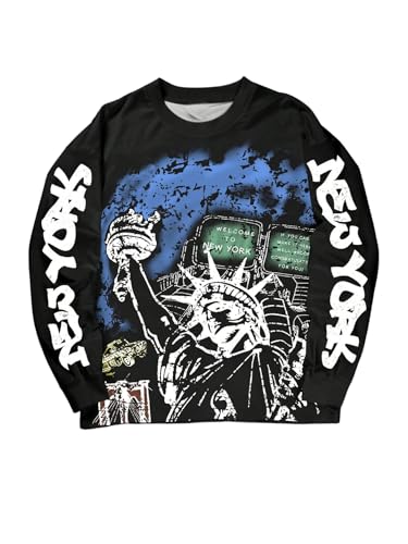 SHENHE Mens Graphic Crewneck Sweatshirt Loose Fit Long Sleeve Logo Sleeve Graphic T-Shirt Athletic Shirts Black XX-Large