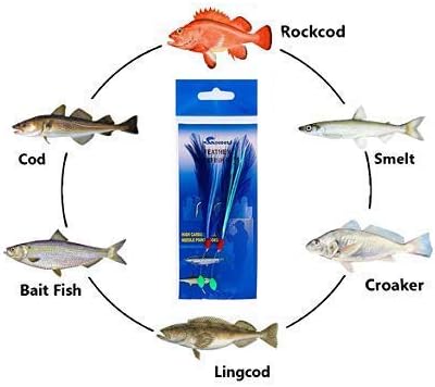 Rock Cod Feather Rigs 4/0 Size, 10 Pcs, Blue/White for Bottom and Deep Sea Fishing, Ideal for Rock Cod, Lingcod, and Other Groundfish