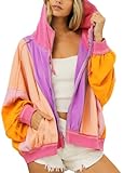 chouyatou Women's Fall Warm Color Block Zip Up Jacket Oversized Winter Casual Y2K Sweatshirt Hoodie Tops (Large, Orange)