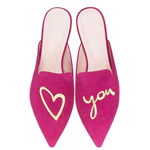 Emiwey Women's Rose-Love U Velvet Backless Slip On Loafers Flats Embroidery Mule Slippers Shoes 8 M Us #TOP22
