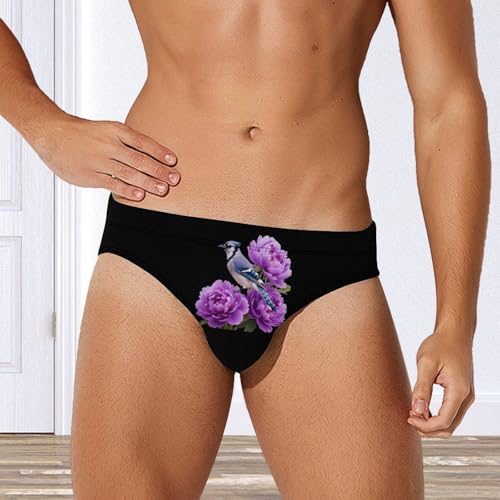 Peony Flower Blue Jay Bird Mens Swim Briefs Sexy Bikini Swimwear Bathing Suits Trunks4