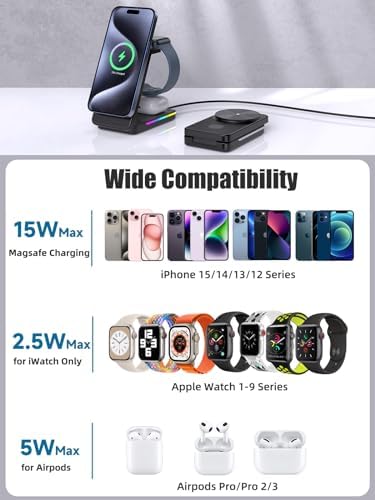 Bezprzewodowa ładowarka Mag Safe 15 W, szybkie ładowanie, Mag-Safe, stacja ładująca do iPhone 15 Pro Max / 14/13, składana indukcyjna stacja ładująca Apple Watch 9/Ultra (żelazny)