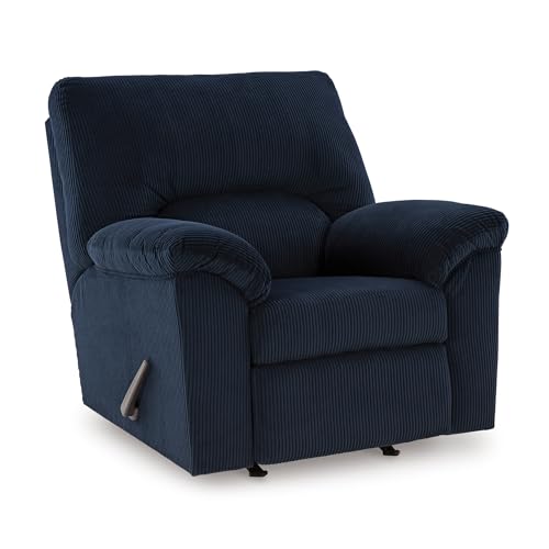 Image of Signature Design by Ashley Rocker Recliner Chair, Navy Blue, SimpleJoy | 100% polyester chenille, Rocking chair nursery, Manual reclining mechanism, 12 in wall clearance, Plush pillow-top armrests