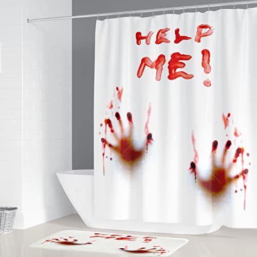 Ddqtouch 4 Pcs Halloween Horror Bloody Hands Shower Curtain Set, Scary Halloween Blood Hands Help Me Shower Curtain Bathroom Decor Set With 12 Hooks (Help Me) #TOP1