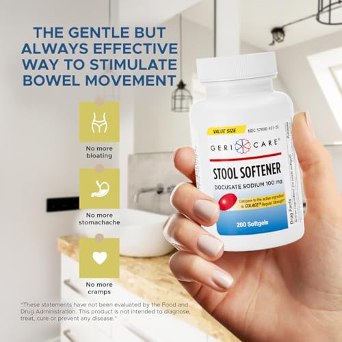 Image of GeriCare Docusate Sodium Stool Softener - 100mg Gentle Stimulant Laxative Softgels for Men & Women- Constipation Relief - Adults Daily Bowel Movement Laxative, 200 Count