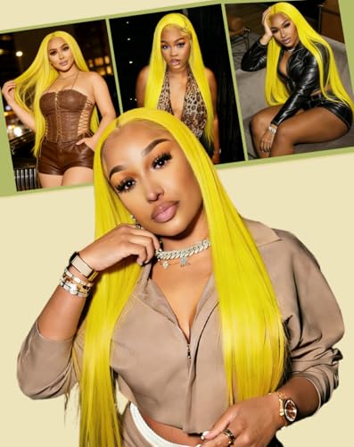 Stybee 30 Inch Yellow Human Hair Wig 13x6 200% Density Straight Yellow Wig Human Hair Pre Plucked Natural Hairline Tiny Knots Free Tangle No Synthetic Blend No Bad Smell No Shedding Lifespan 3X — view 4