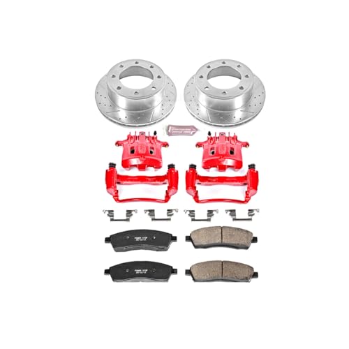 Image of PowerStop Rear Brake Kit for Ford Excursion 2000 |F-250 Super Duty 1999-00 |F-350 Super Duty 1999-00 - Carbon-Fiber Ceramic Brake Pads + Drilled & Slotted Rotors + Red Powder Coated Calipers, KC1890