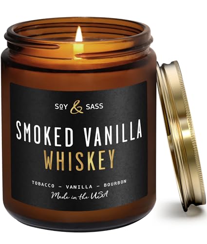 Smoked Vanilla Whiskey Candle - Scented Black Candles for Men or Women - Bourbon Tobacco & Caramel Soy Wax Mens Candle - Infused w/Essential Oils | Long 50Hr Burn 9oz I Non Toxic I Made in USA