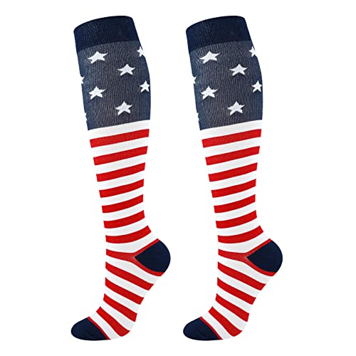 Junely Compression Socks for Women American flag Knee High Stockings for 4th of July Running Nurses Support Travel Pregnancy Gifts Red White Blue