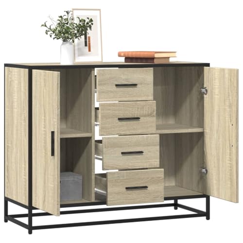 Tonture Aparador Sonoma Roble 92 x 35 x 76 cm, madera, estructura metálica, 4 compartimentos, 4 cajones, muebles de almacenamiento robustos para salón, pasillo