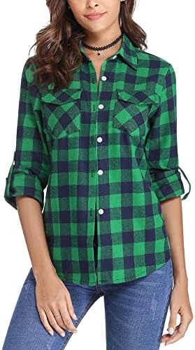 Totatuit Damen Karierte Bluse Baumwolle Karohemd Langarm Hemdbluse | Trachtenbluse, Oktoberfest, Flanellhemd Tops, Hemd, Blusen, V-Ausschnitt Oberteile, Casual, Business, Alltag