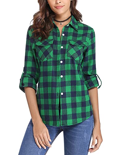 Totatuit Flannel Checked Long Sleeve Tops Women V Neck Button Down Casual Ladies Shacket Blouse Plaid Shirt Green