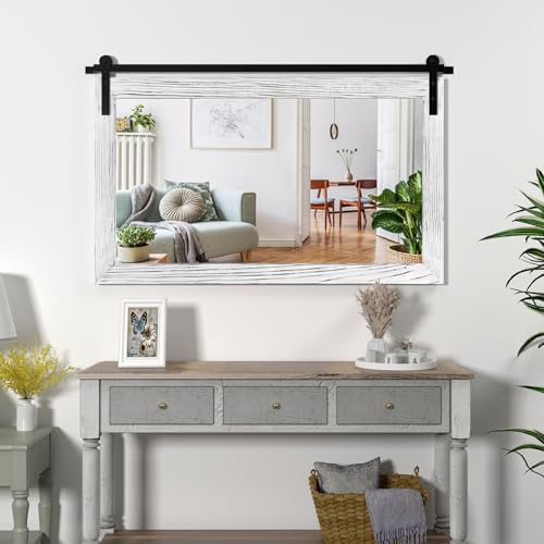 Image of COGOOD Farmhouse Barn Door Mirror - 41 inch x 26 inch Rustic Wood Framed Wall Mirror for Bathroom, Living Room, Bedroom Wall Decor (White)