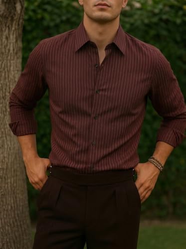 Image of Foomer Maroon Solid Self Design Opaque Party Men's Shirt