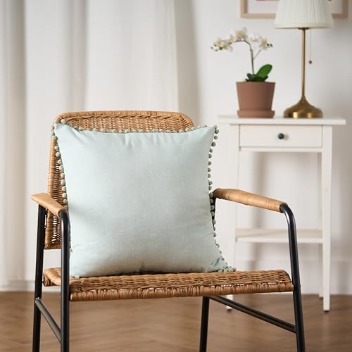 Image of 100% Cotton Pom Pom Cushion Without Filler, Elegant & Modern Cushion Cover for Living Room, Square Shape, 20 inchx20 inch, uni Chambray, Set of 3 - Celadon Green