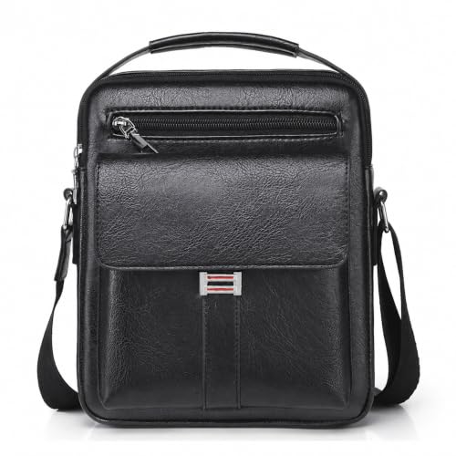 Men's Faux Leather Crossbody Bag, Flap Messenger Purse with Handle, Black