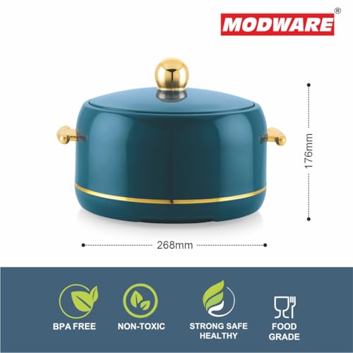 Image of Modware Atlantis Casserole 2500ml Elegant Design Premium Hot Pot, Retains Temperature for Hours, Insulated Inner Steel Casserole for Roti, Hot Box for Home, Chapati Box, Serving Bowl with Lid (Teal)