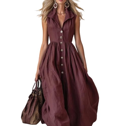 YOSUWOAI Vestido sin mangas para mujer, vestido largo de verano, con botones, vestido de noche, elegante, vestido de fiesta para mujer, ligero y aireado, vestido de fiesta de verano, O Vino, XL