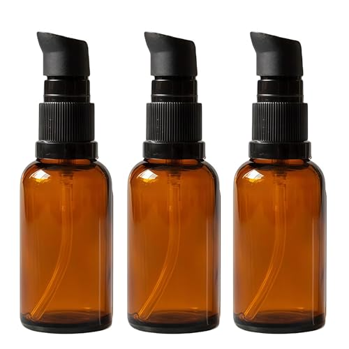 TUPANDY 3 botellas de loción de vidrio ámbar de 100 ml vacías rellenables para maquillaje cosmético, tamaño de viaje, dispensador de bomba, tarros para aromaterapia, aceites esenciales, artículos de