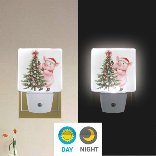 Image of Christmas Tree Pig Night Lights 2 Pack Plug-in Wall Led Nightlight Auto Dusk-to-Dawn Sensor Lamps for Bedroom Kitchen Bathroom
