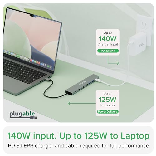 Image of Plugable USB C Hub Multiport Adapter: 9-in-1 with 140W PD Charging, 4K 60Hz HDMI, 10Gbps Data Transfer, Gigabit Ethernet, SD for USBC, USB4, Thunderbolt MacBook, Windows, Chromebook (USBC-9IN1E)