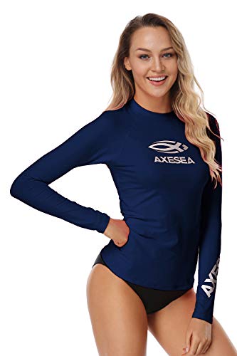 AXESEA Women Rash Guard Long Sleeve Active Top UPF 50+ Rashguard Swim Shirt Surf Swimwear, Navy, Medium