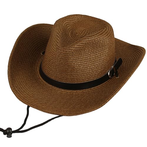 Sombrero Vaquero de Paja para Mujer Hombre Clásico Sombrero Vaquero Occidental Sombrero de Vaquero Sombreros de ala Ancha,Estilo Vintage Gorra de Playa para Hombre Mujer (Tejido de Paja, marrón)