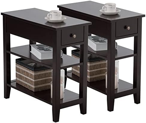 KOTEK 3-Tier End Table with Drawer and 2 Open Storage Shelf, Narrow Side Table Slim End Table Nightstand for Living Room, Bedroom, Office, Set of 2 (Brown)
