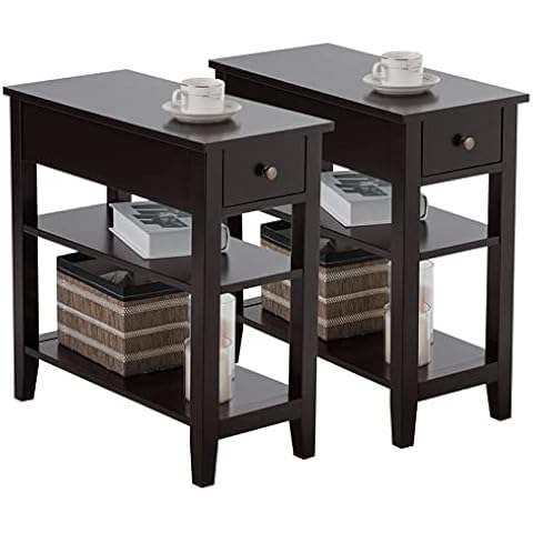 KOTEK End Table Set of 2 with Drawer and Open Storage Shelf, Narrow Side Table, Slim Bedside Table, 3-Tier Nightstand for Living Room, Bedroom, Office (Brown) Cover