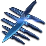 Wanbasion Sharp Kitchen Knife Set, Titanium Plating Stainless Steel Kitchen Knife Set, Professional Chef Knife Set with Sheathes Dishwasher Safe Blue 6PCS