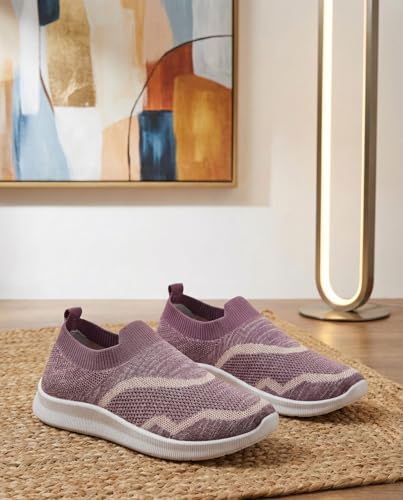 Image of Women's Slip-On Knit Sneakers, Purple Lightweight Casual Walking Shoes with White Sole