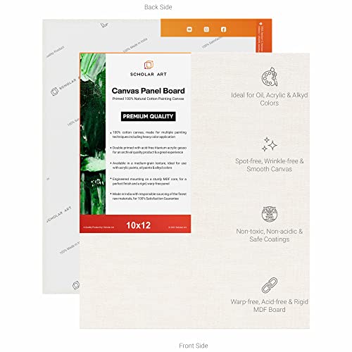 Image of Scholar Art Hobby Series 04 Oz (230 GSM) 100% Cotton Canvas Panel Board for Painting (White Blank Canvas Boards for Acrylic Paint, Oil Paint, Wet & Dry Media) | 10 inchx12 inch (25x30 cm), Pack of 12
