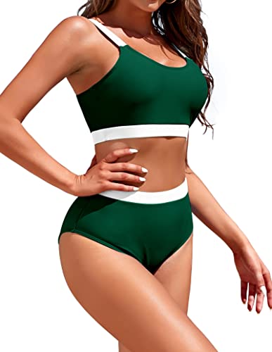 Image of Womens High Waisted Bikini Sets Sporty Crop Top Color Block Swimwear Bandeau Scoop Neck Vintage Two Piece Bathing Suits