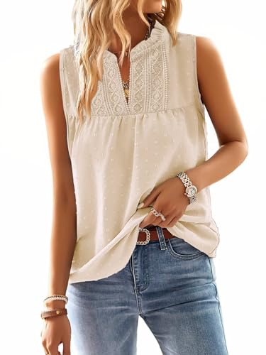 Falechay Plus Size Tops for Women Dressy Casual Sleeveless Western Womens Blouses V Neck Summer Shirts Business Tunic Cute Swiss Dot Boho Top Bohemian Flowy Shirt Apricot 2XL