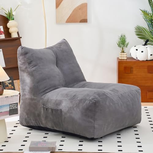 Sudwesto Bean Bag Chair for Adult, Suede Upholstered Bean Bag Sofa with Large Pocket, Stuffed Beanbag Chair with Pull-Ring, Tufted Lazy Sofa with Filler, Togo Floor Chair for Living Room (Gray)